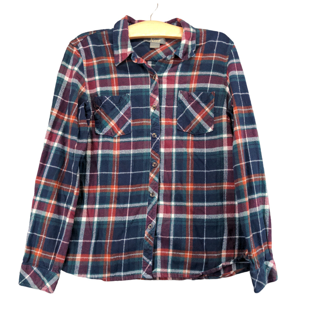 Natural Reflections Womens Button-Up Shirt Large Blue Red Plaid Chest Pocket